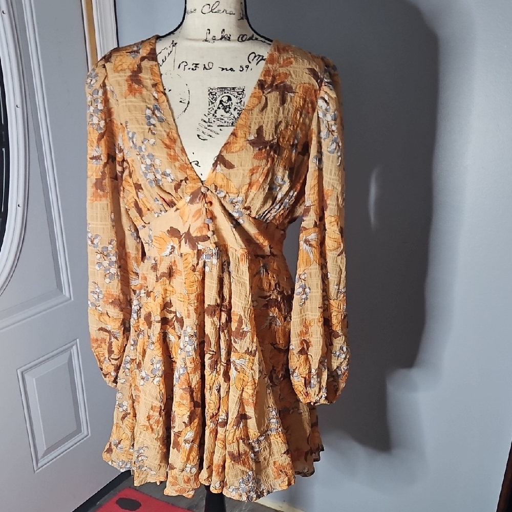 Orange and Tan Ruffled Wrap Dress with Bishop Sleeves